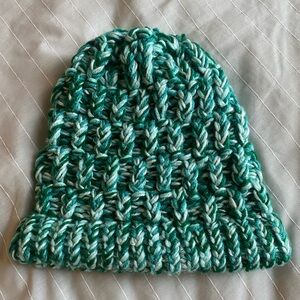 Handmade Emerald Green Blue and White Knit Beanie for Women